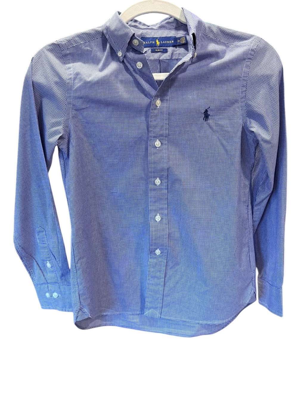 Ralph Lauren Boys Slim Fit Navy Gingham Button Down Shirt Polo Pony Size 12